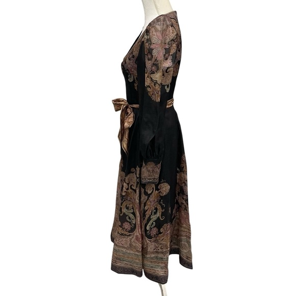 ZIMMERMANN Illustration Belted Printed Linen Silk Blend Organza Midi Dress Black - Picture 5 of 16